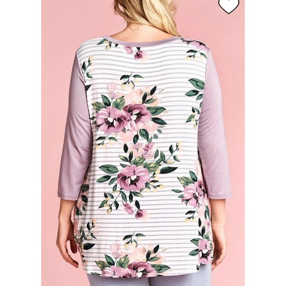 Plus Size Stripe Tee 3/4 Lavender - Picture 3 of 4